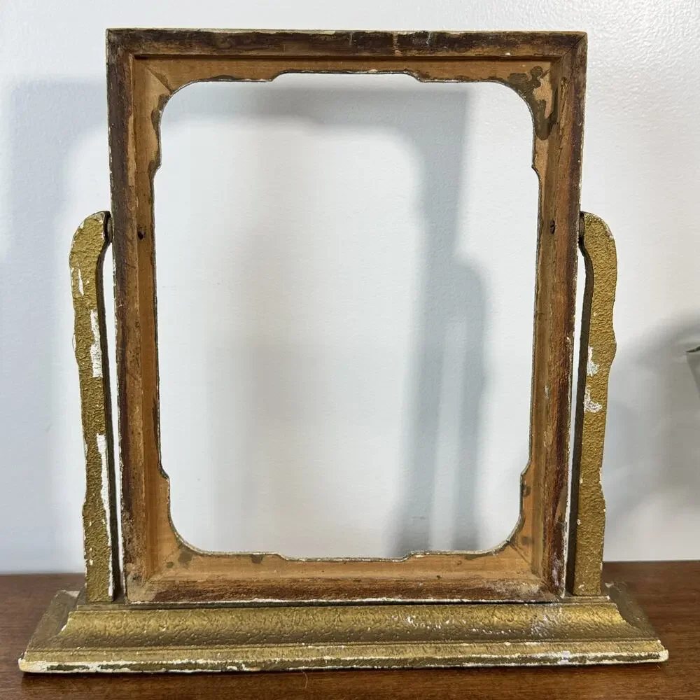 Antique Gold & Cream Floral Vanity Swivel Picture Frame Stand Desktop Dresser